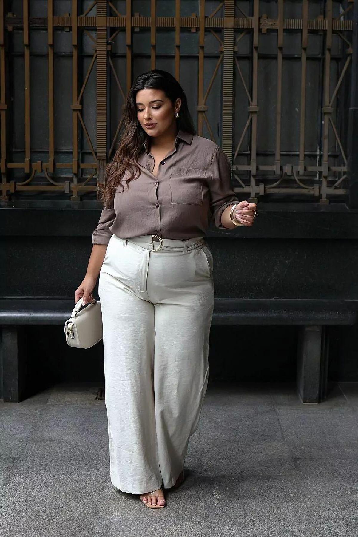 Foto do produto Calça Alfaiataria Fe Anne Blanc Marrom P01202026 Cinto Wide Leg Marrom