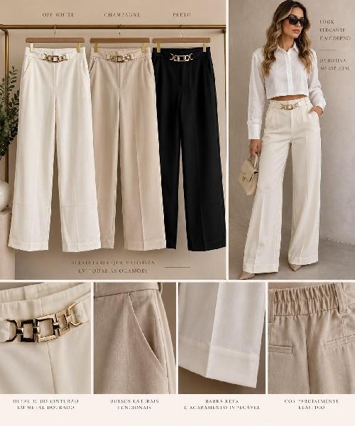 Foto do produto  Calça Fem Heli Fashion Fivela Pantalona  Bege