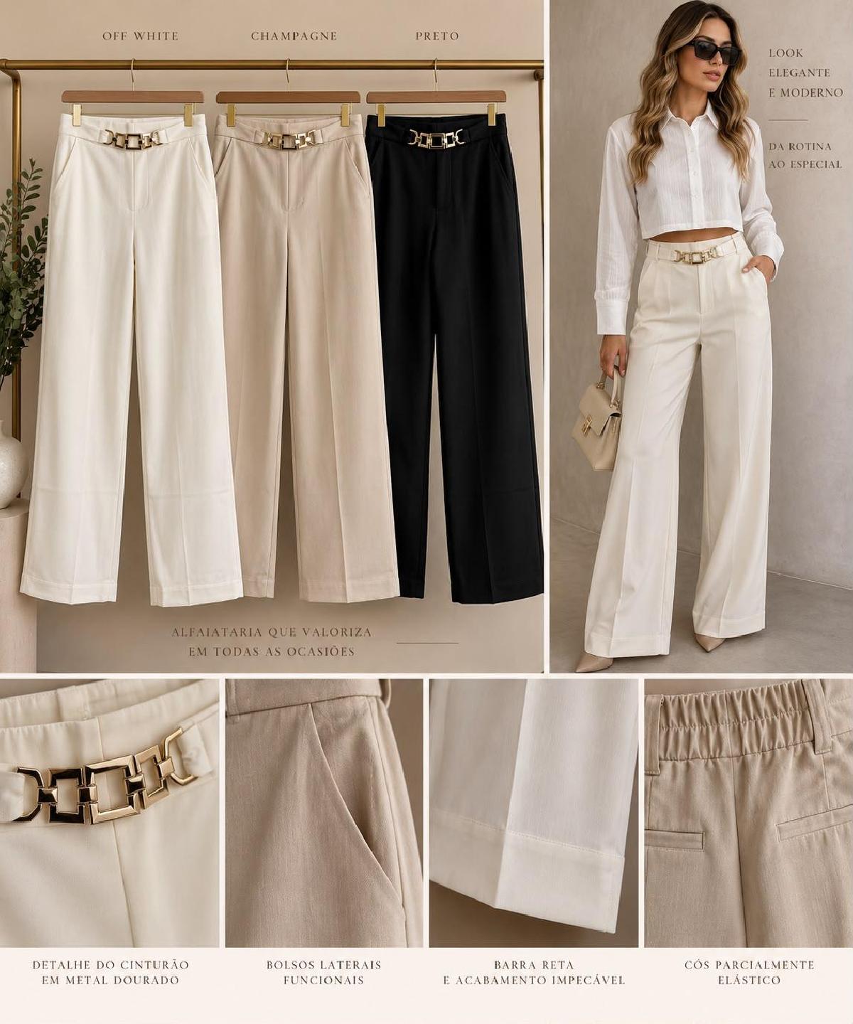 Foto do produto Calça Fem Heli Fashion Fivela Pantalona  Preto