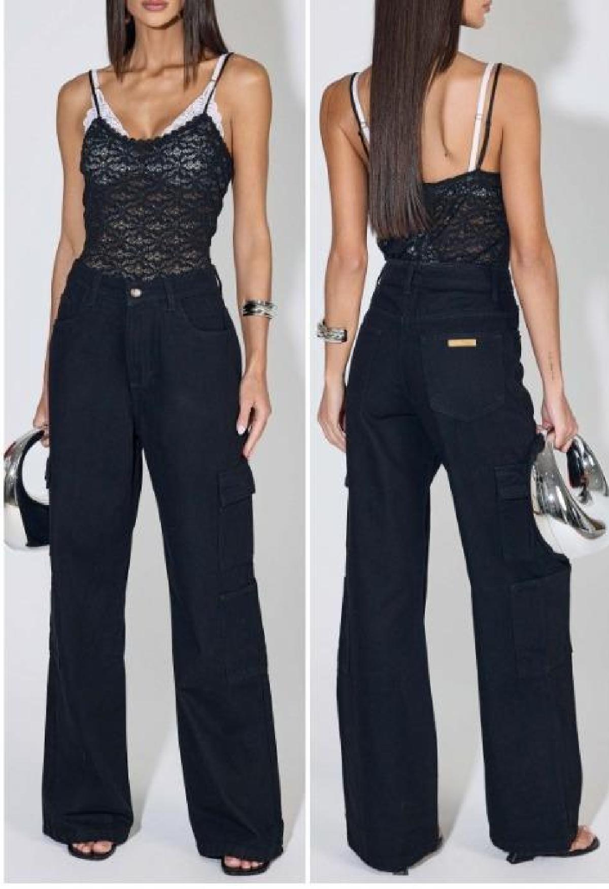 Foto do produto Calça Fem Teezz Cargo Wide Leg Preto