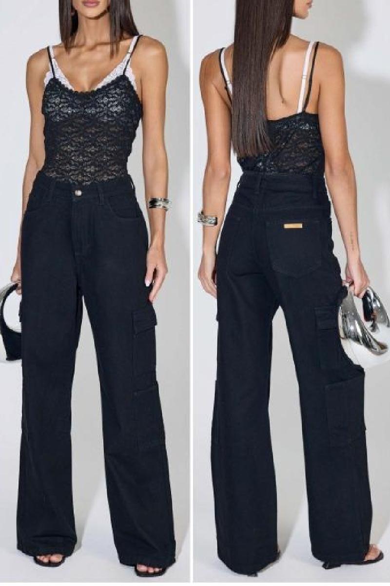 Foto do produto  Calça Fem Teezz Cargo Wide Leg Preto