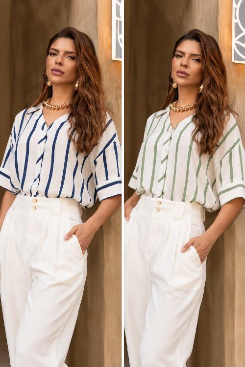 Foto do produto  Camisa Fem. Bella Vitta Listras Meia Manga Azul