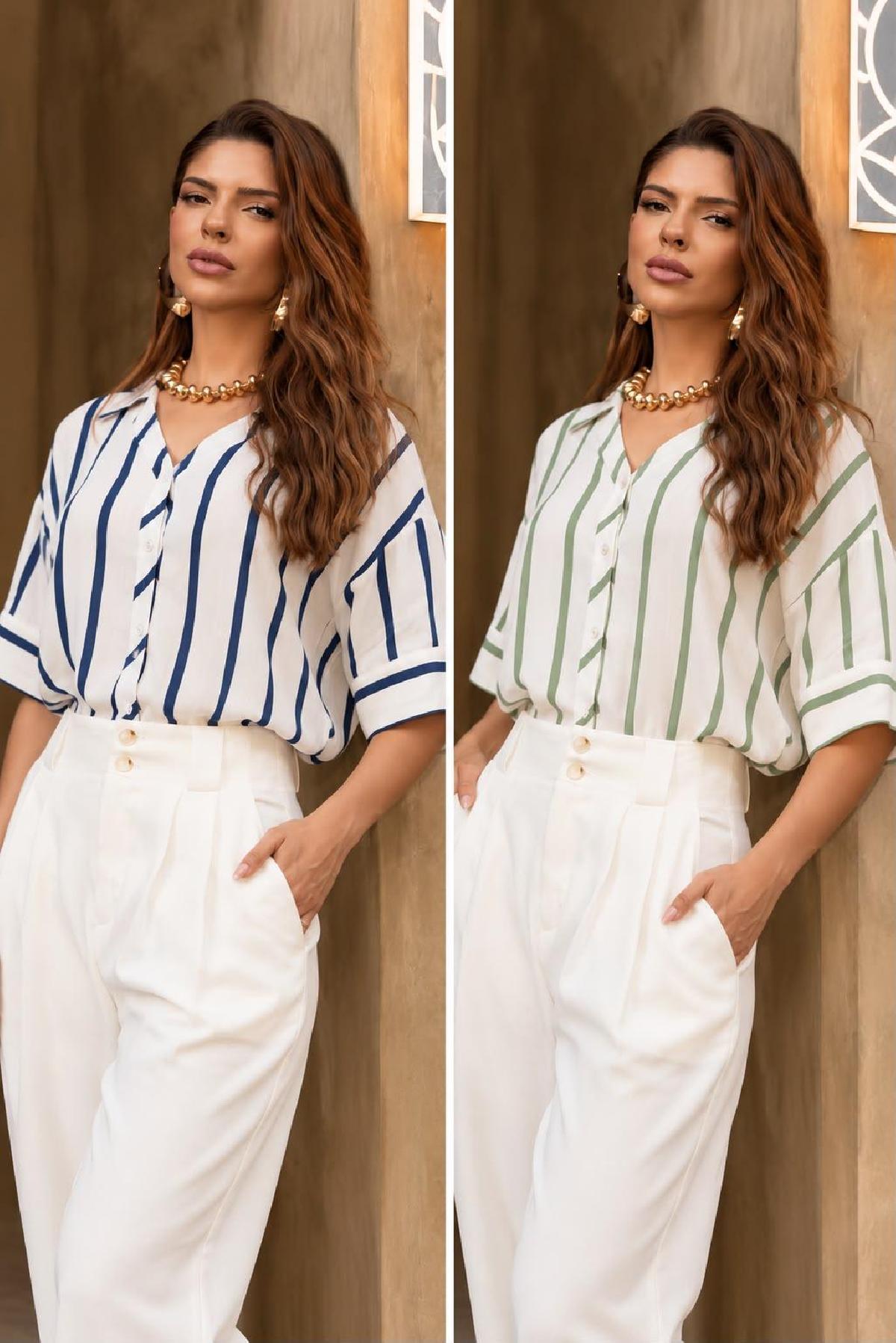Foto do produto Camisa Fem. Bella Vitta Listras Meia Manga  Verde