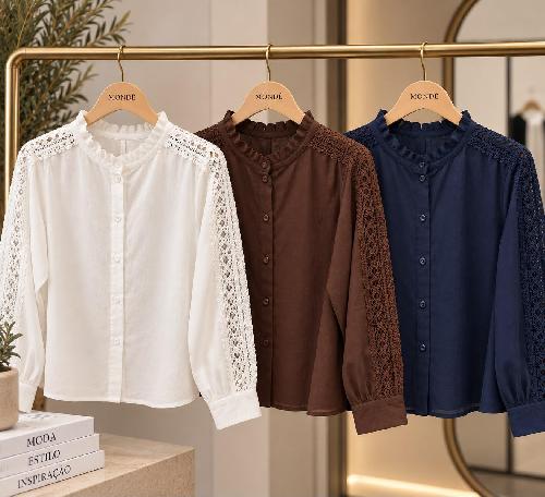 Foto do produto  Camisa Fem. Eagle Rock Manga Longa Detalhe Renda  Café