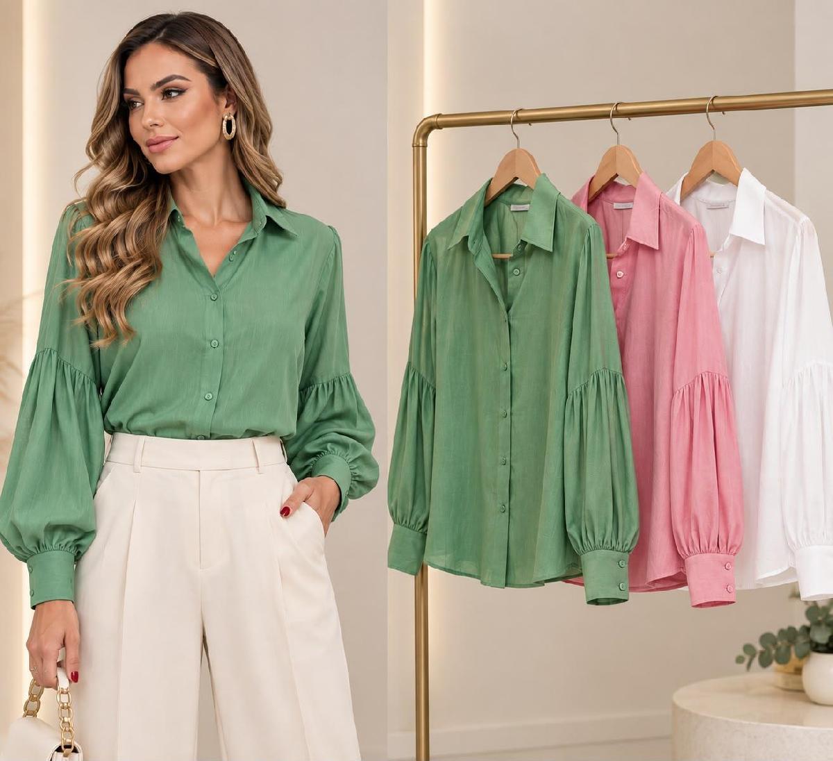 Foto do produto Camisa Fem. Espaço Virtual Viscose Manga Bufante Verde