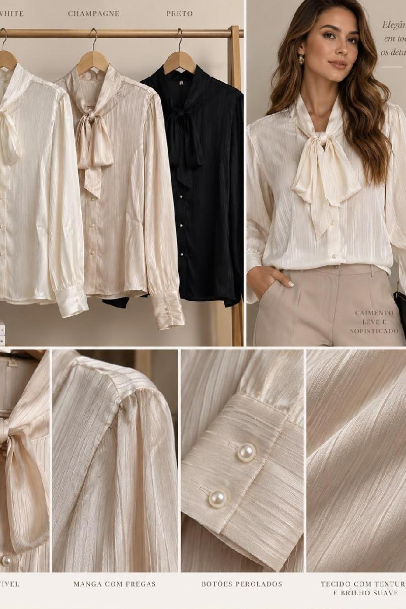Foto do produto  Camisa Fem. Heli Fashion Acetinada Amarração Na Gola Preto