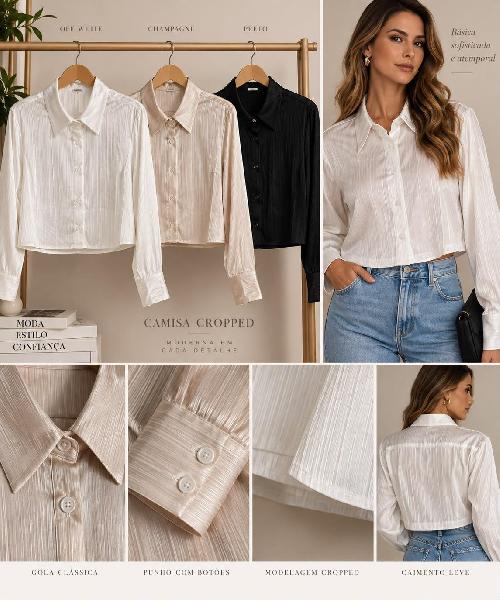 Foto do produto  Camisa Fem. Heli Fashion Acetinada Cropped  Caqui