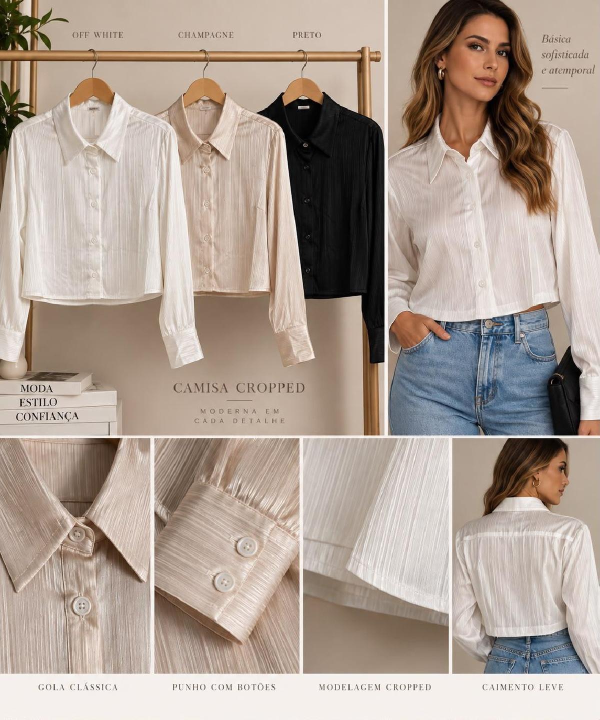Foto do produto Camisa Fem. Heli Fashion Acetinada Cropped  Off White