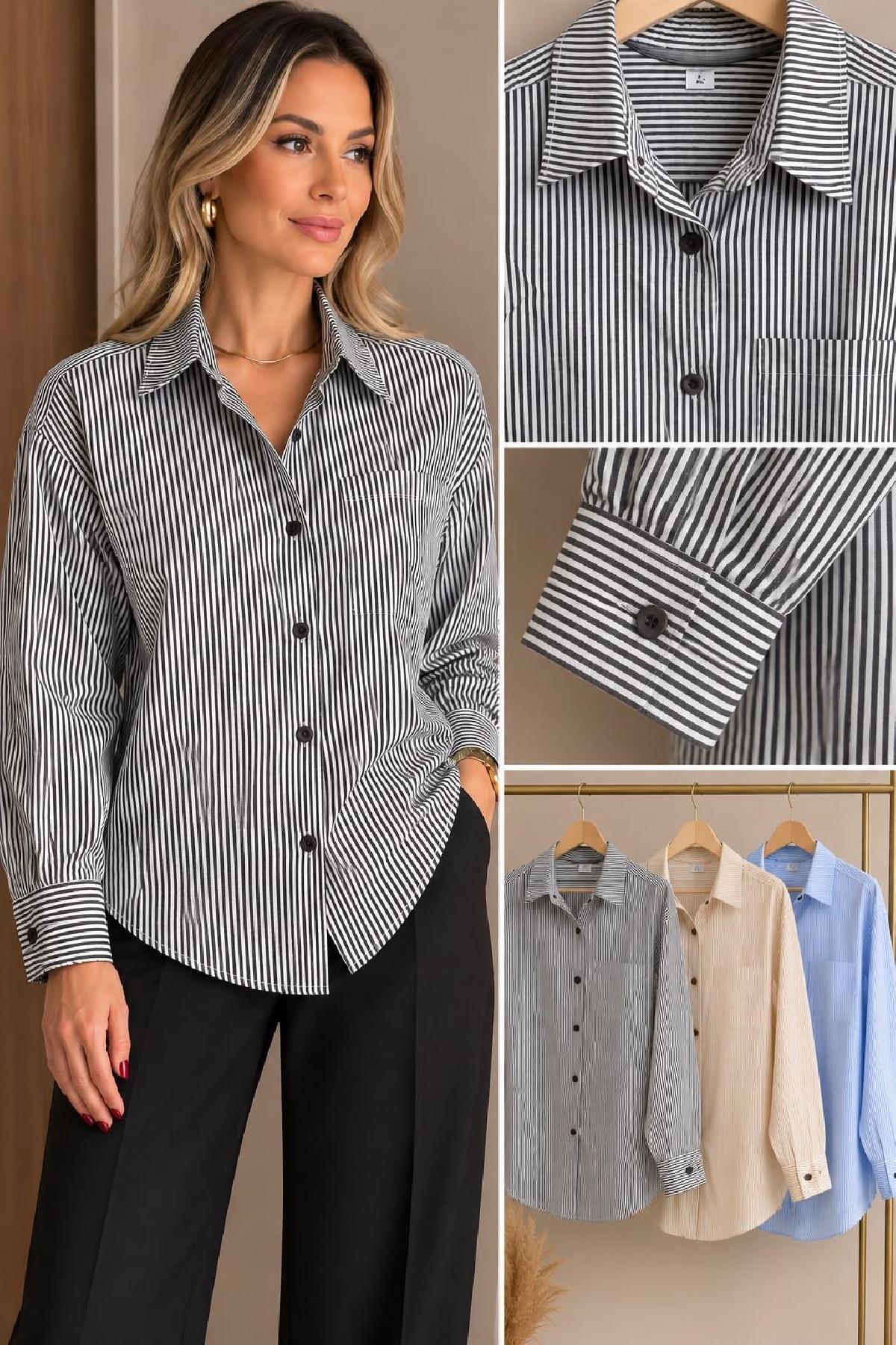 Foto do produto Camisa Fem. Lin Sp Listras  Azul Marinho