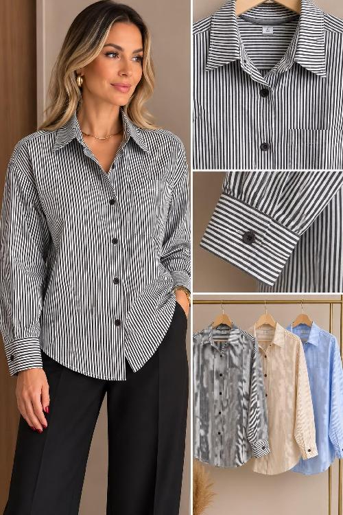 Foto do produto  Camisa Fem. Lin Sp Listras  Chumbo