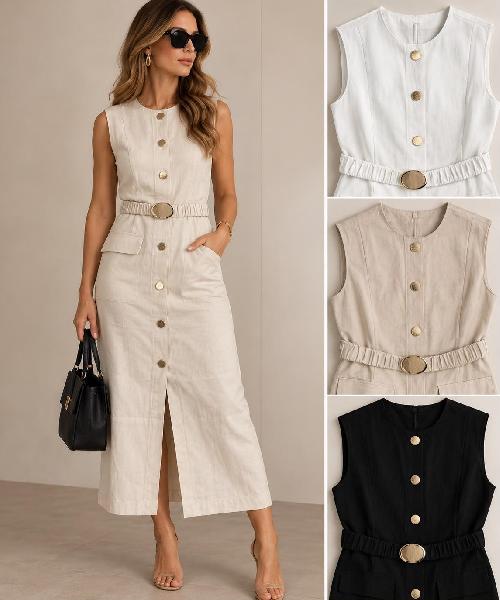Foto do produto  Vestido Heli Fashion  Cinto Midi Bege