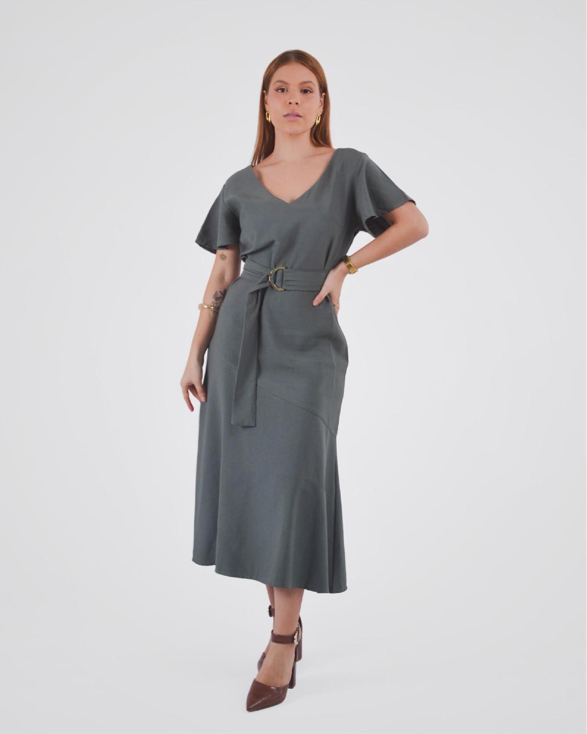 Foto do produto Vestido Anne Blanc  F22352026 Cinto Midi  Verde Oliva