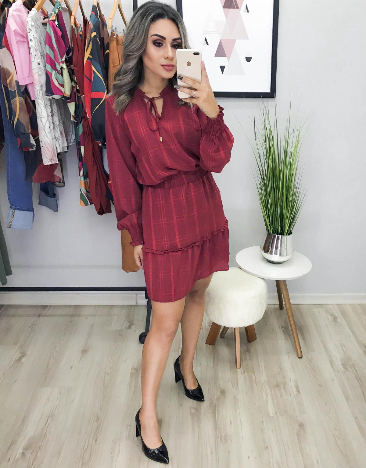 Foto do produto Vestido Deliz Telha F20434 Xadrez Telha